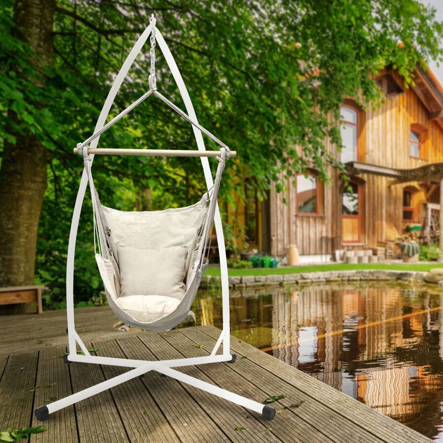 ECD Germany Hangstoel van katoen hard hout beige belastbaar tot 120 kg met metalen frame 210 cm incl. twee kussens