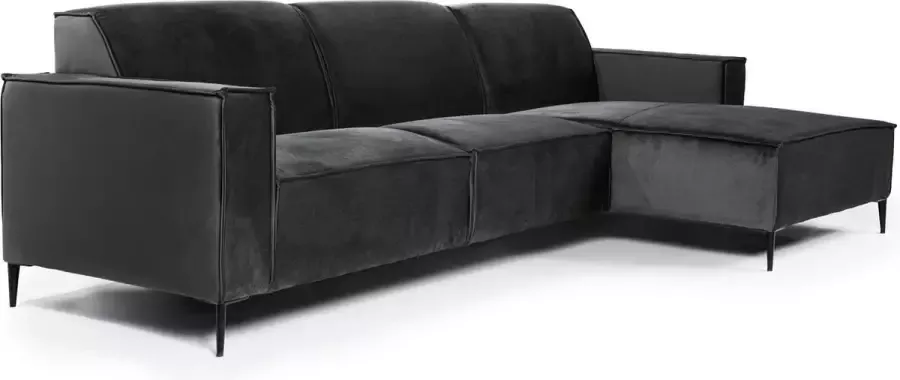 Duverger Piping Sofa 3-zit bank korte chaise longue rechts antraciet grijs fancy velvet stalen pootjes zwart