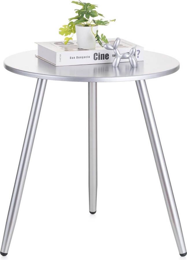 Bijzettafel rond houten tafel: modern luxe zilver klein houten bijzettafel voor woonkamer met 3 tafelpoten van metaal kleine outdoor bank tafels voor de tuin 45 x 45 cm
