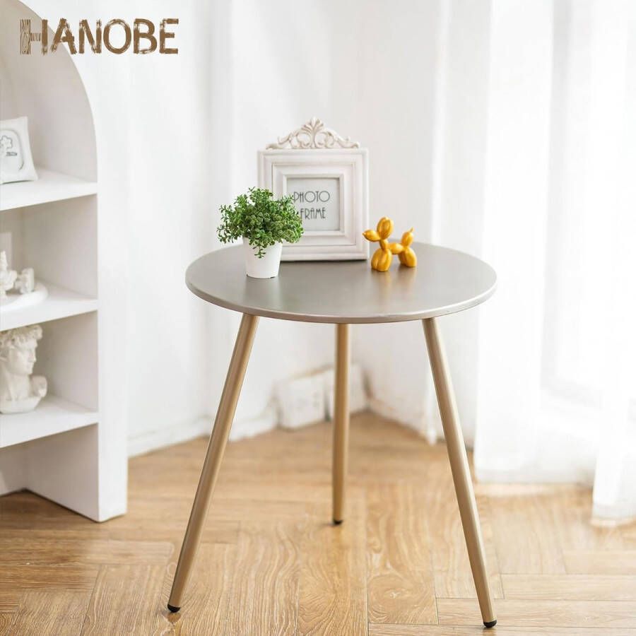 Bijzettafel rond houten tafel: moderne luxe gouden kleine houten bijzettafel voor woonkamer met 3 metalen tafelpoten kleine outdoor bank tafel voor de tuin 45 x 45 cm