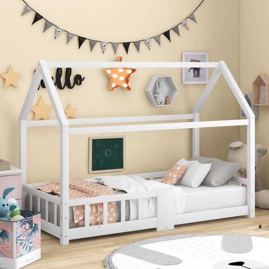 Kinderbed huisbed 90 x 200 cm houten bed voor kinderkamers inclusief planken lattenbodems valbeveiliging van grenenhout wit (zonder matras)