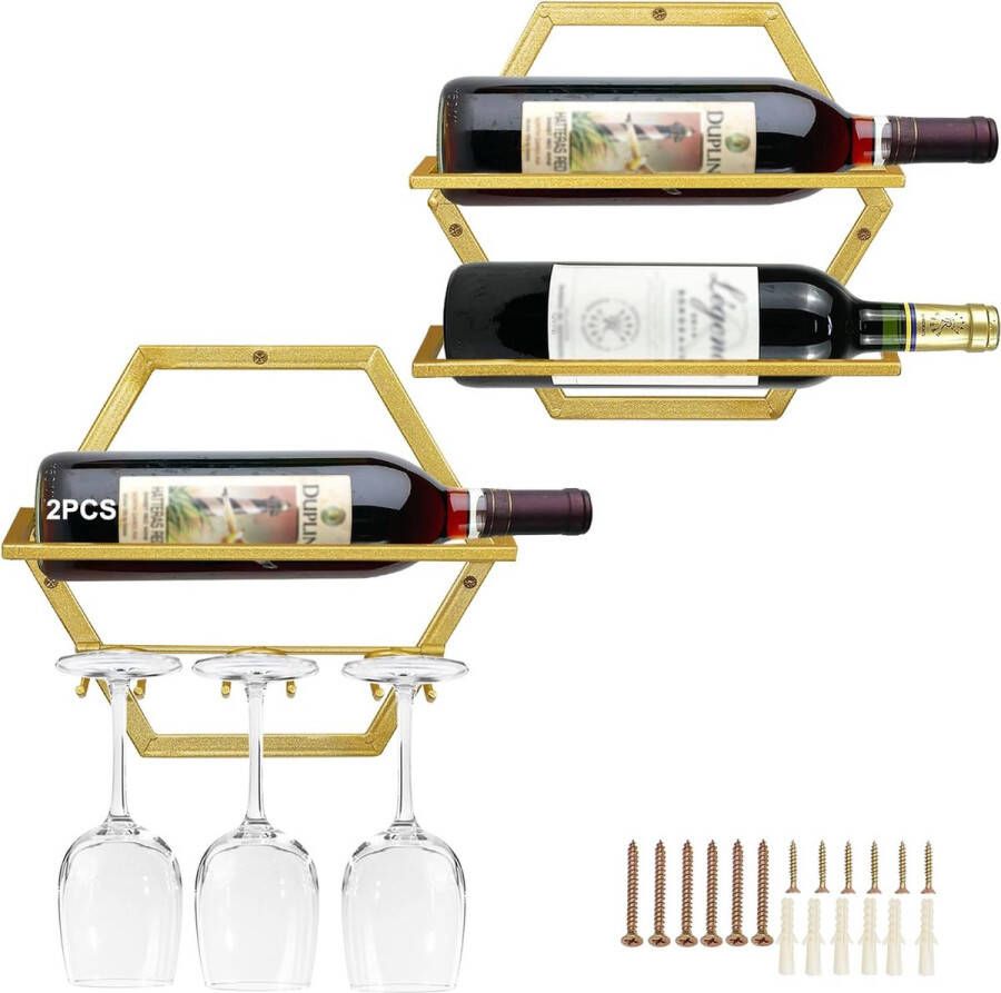 Metalen wandgemonteerde wijnhouder en wijnglazenrek 2 stuks hangend glazen wijnrek wandhangend rood wijnrek organizer met 3 houders voor wijnglazen voor thuis keuken bar en decoratie
