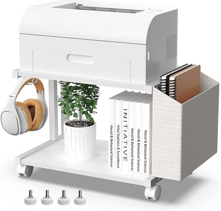 Moderne printerstandaard met 2 etages van hout met opbergtas voor thuis kantoor bureau printer tafel organizer mobiel printerrek trolley met zwenkwiel (wit)