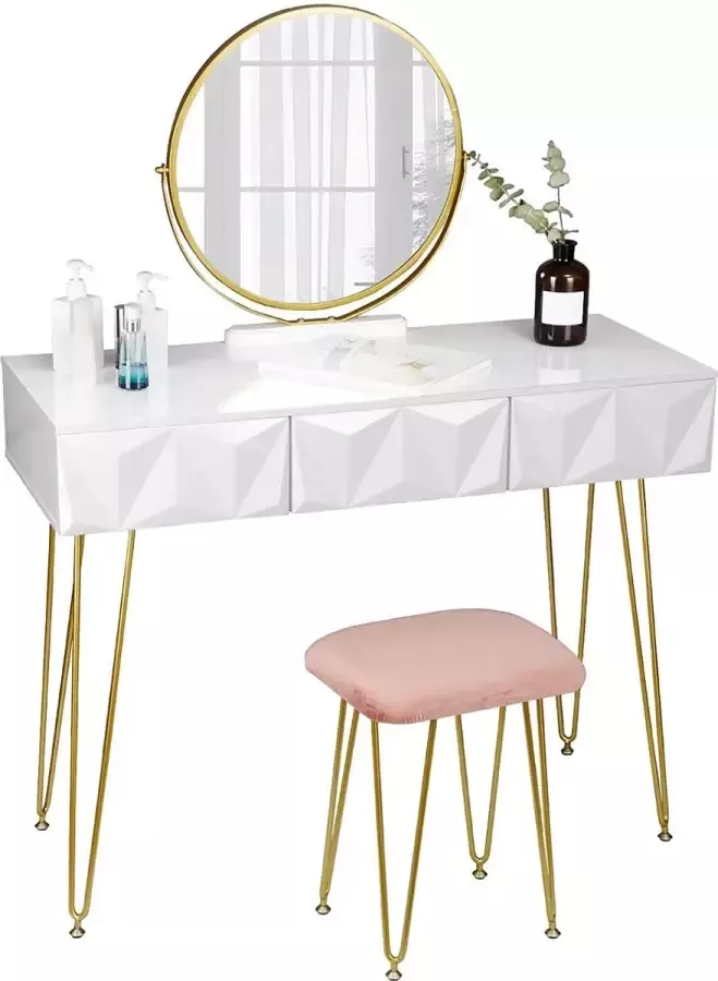 Naqsh Store kaptafel met kruk en spiegel 360 graden draaibaar make-up-spiegel kaptafel met 3 laden gevoerde fluwelen kruk 3D-effect lade wit en goud