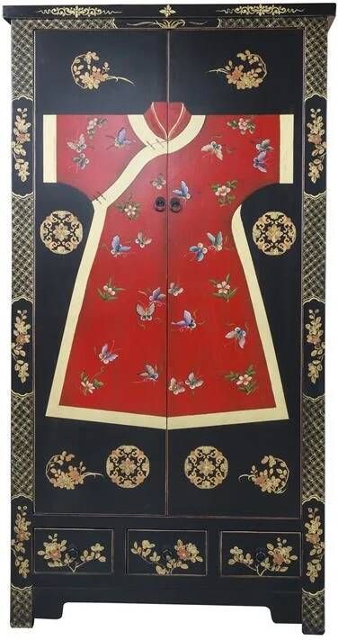 Fine Asianliving Chinese Kast Zwart Kimono Handgeschilderd B100xD55xH190cm Chinese Meubels Oosterse Kast