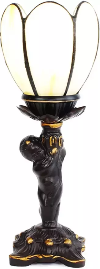 Clayre & Eef LumiLamp Tiffany Tafellamp 12x12x28 cm Beige Glas Kunststof Tiffany Bureaulamp Stijlvolle beige Tiffany tafellamp met