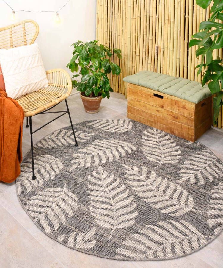Boho&me Rond buitenkleed palmbladeren Sunny donkergrijs 200 cm rond
