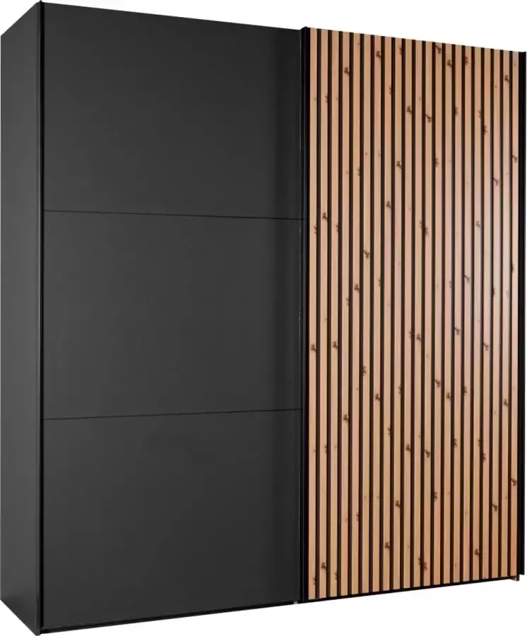 Woonexpress Kledingkast Bakel Spaanplaat Zwart 200x216x65 cm (BxHxD) Schuifdeuren Deur met 3D verticale houtlook lamellen - Foto 1