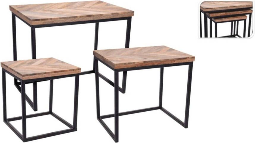 Ambiance Set van 3x bijzettafels rechthoekig metaal mango hout zwart 42 37 33 cm Home Deco meubels en tafels