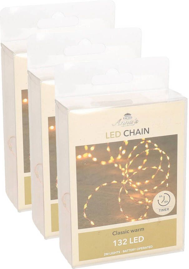 Anna&apos;s Collection 3x Koperen kerstverlichting met timer 132 LED lampjes 2 meter Lichtsnoeren