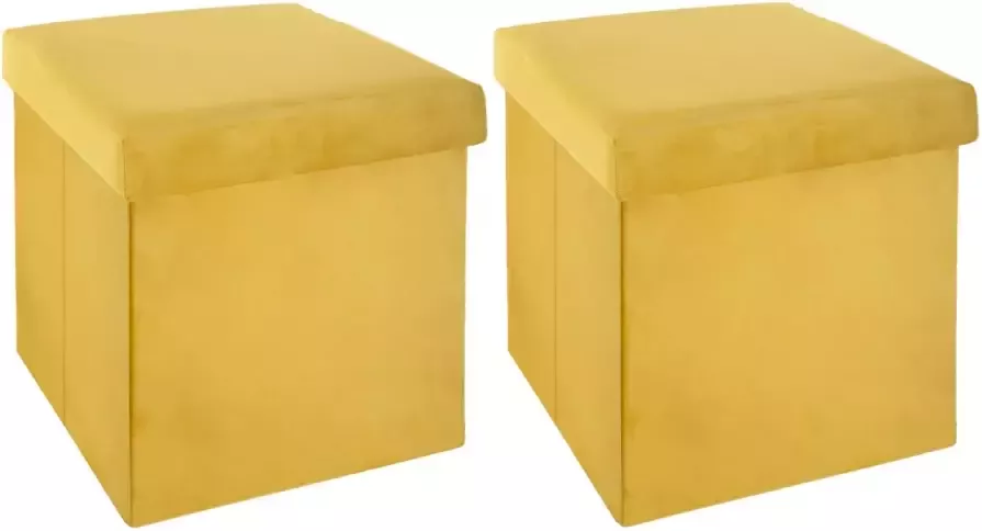 Atmosphera Poef hocker 2x opbergbox geel kunststof mdf 38 x 38 x 38 cm opvouwbaar Krukjes