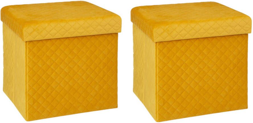 Atmosphera Poef hocker voetenbankje 2x opbergbox fluweel geel PU MDF 31 x 31 x 31 cm opvouwbaar