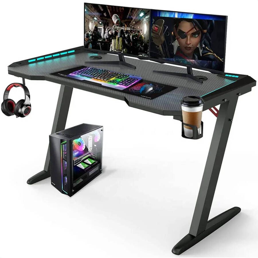 Avalo Gaming Bureau 140x60x73 CM Game Desk Met LED Verlichting Tafel Zwart - Foto 1