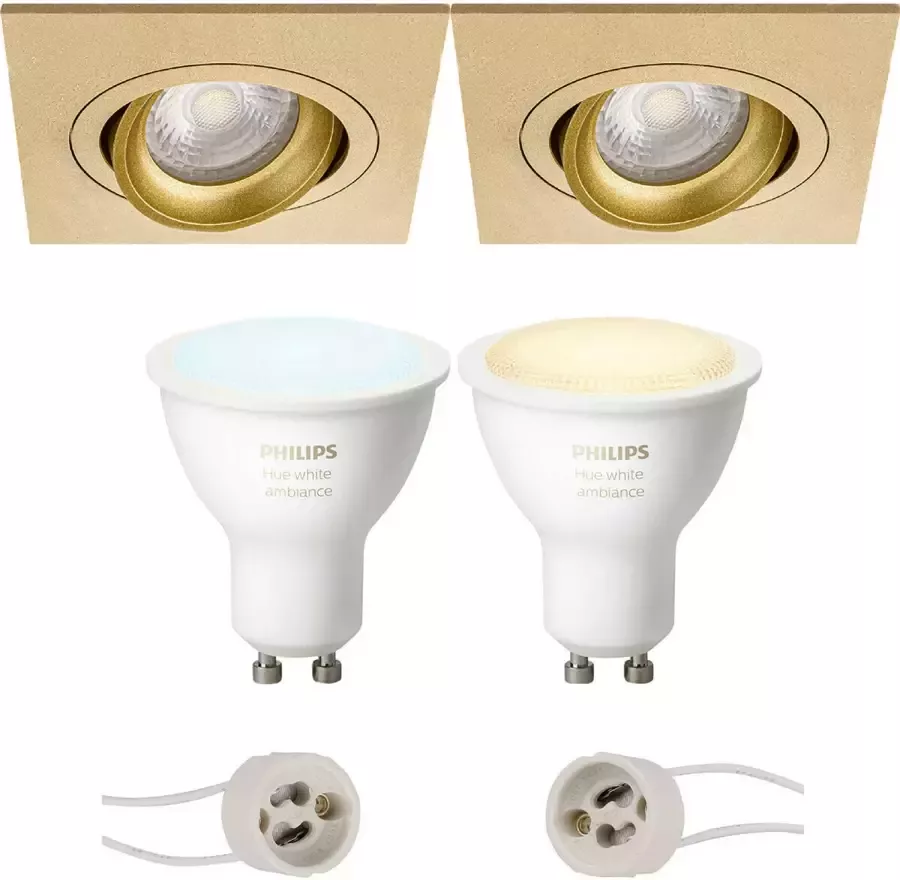 BES LED Pragmi Borny Pro Inbouw Vierkant Mat Goud Kantelbaar 92mm Philips Hue LED Spot Set GU10 White and Color