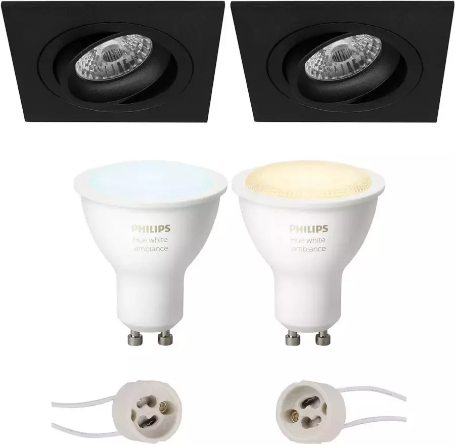 BES LED Pragmi Borny Pro Inbouw Vierkant Mat Zwart Kantelbaar 92mm Philips Hue LED Spot Set GU10 White and Color