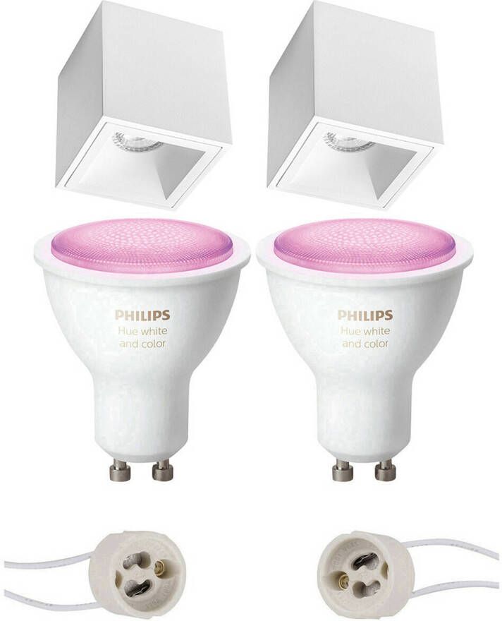 BES LED Pragmi Cliron Pro Opbouw Vierkant Mat Wit Verdiept 90mm Philips Hue Opbouwspot Set GU10 White and Color