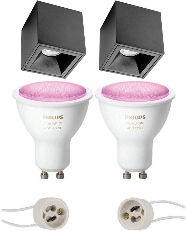 BES LED Pragmi Cliron Pro Opbouw Vierkant Mat Zwart Verdiept 90mm Philips Hue Opbouwspot Set GU10 White and Color