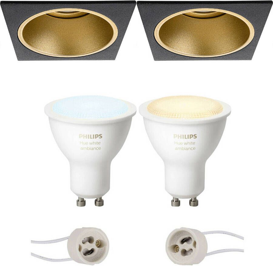 BES LED Pragmi Minko Pro Inbouw Vierkant Mat Zwart Goud Verdiept 90mm Philips Hue LED Spot Set GU10 White Ambiance - Foto 1
