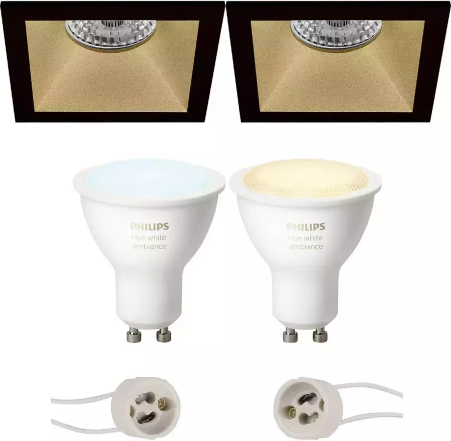 BES LED Pragmi Pollon Pro Inbouw Vierkant Mat Zwart Goud Verdiept 82mm Philips Hue LED Spot Set GU10 White
