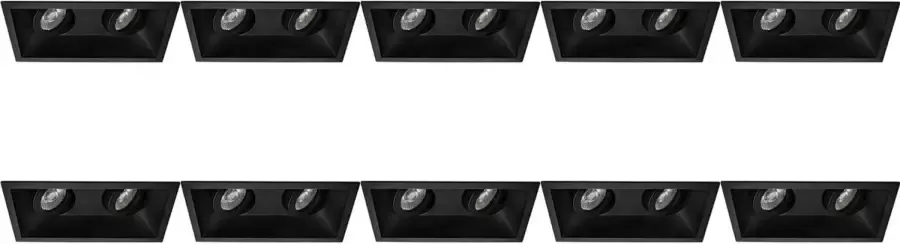 BES LED Spot Armatuur 10 Pack Pragmi Zano Pro GU10 Inbouwspot Rechthoek Dubbel Zwart Aluminium Kantelbaar 185x93mm