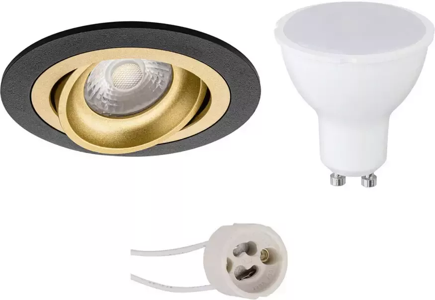 BES LED Spot Set Aigi Pragmi Alpin Pro GU10 Fitting Inbouw Rond Mat Zwart Goud 6W Warm Wit 3000K Kantelbaar