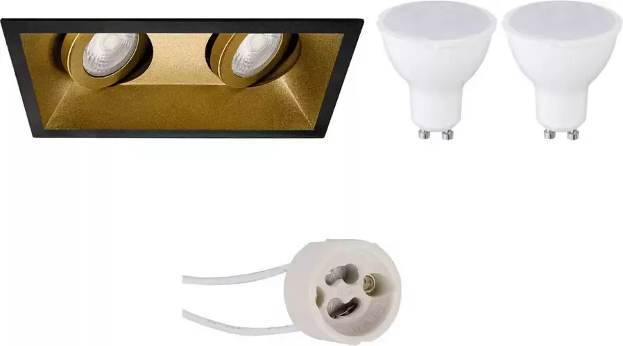 BES LED Spot Set Aigi Pragmi Zano Pro GU10 Fitting Inbouw Rechthoek Dubbel Mat Zwart Goud 6W Helder Koud Wit