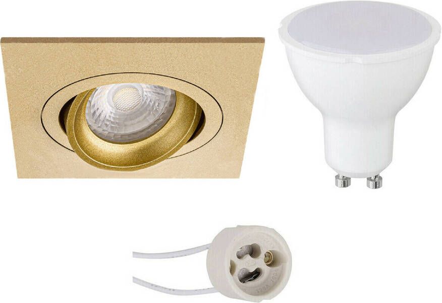 BES LED Spot Set Pragmi Borny Pro GU10 Fitting Dimbaar Inbouw Vierkant Mat Goud 6W Warm Wit 3000K Kantelbaar
