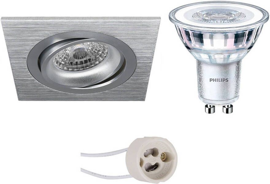 BES LED Spot Set Pragmi Borny Pro GU10 Fitting Inbouw Vierkant Mat Zilver Kantelbaar 92mm Philips CorePro