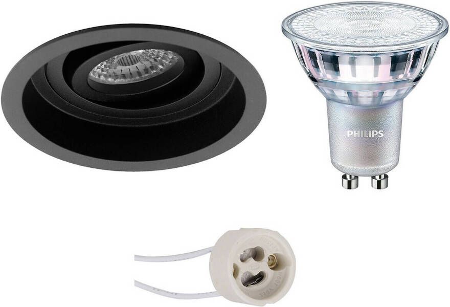 BES LED Spot Set Pragmi Domy Pro GU10 Fitting Inbouw Rond Mat Zwart Verdiept Kantelbaar Ø105mm Philips