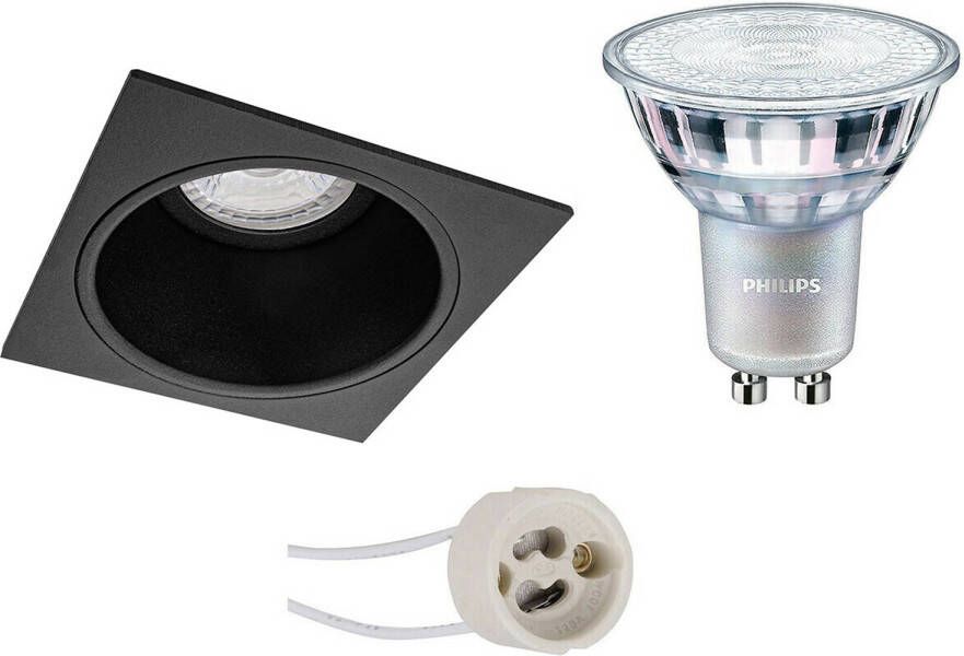 BES LED Spot Set Pragmi Minko Pro GU10 Fitting Inbouw Vierkant Mat Zwart Verdiept 90mm Philips MASTER 927