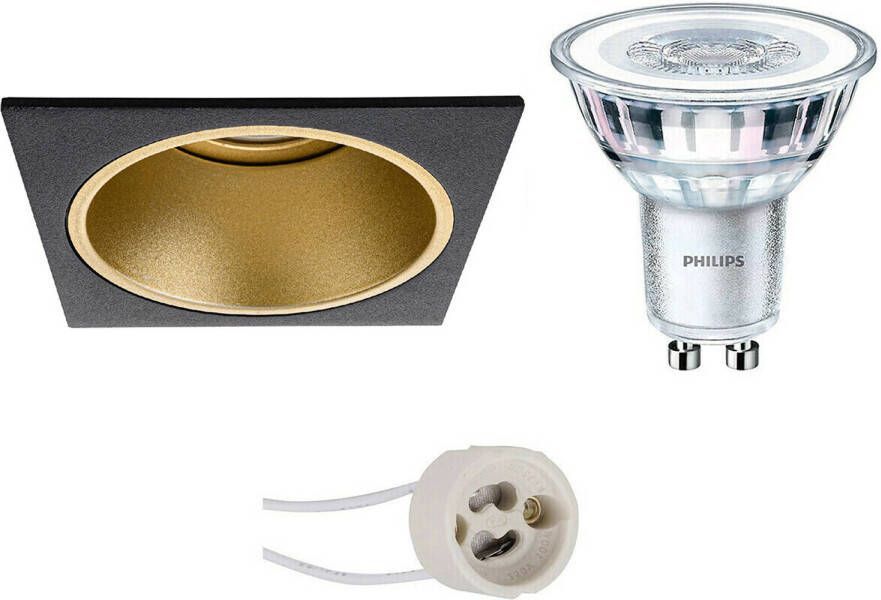 BES LED Spot Set Pragmi Minko Pro GU10 Fitting Inbouw Vierkant Mat Zwart Goud Verdiept 90mm Philips CorePro