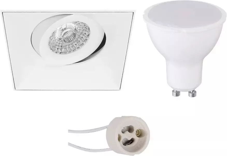 BES LED Spot Set Pragmi Nivas Pro GU10 Fitting Dimbaar Inbouw Vierkant Mat Wit 6W Warm Wit 3000K Trimless