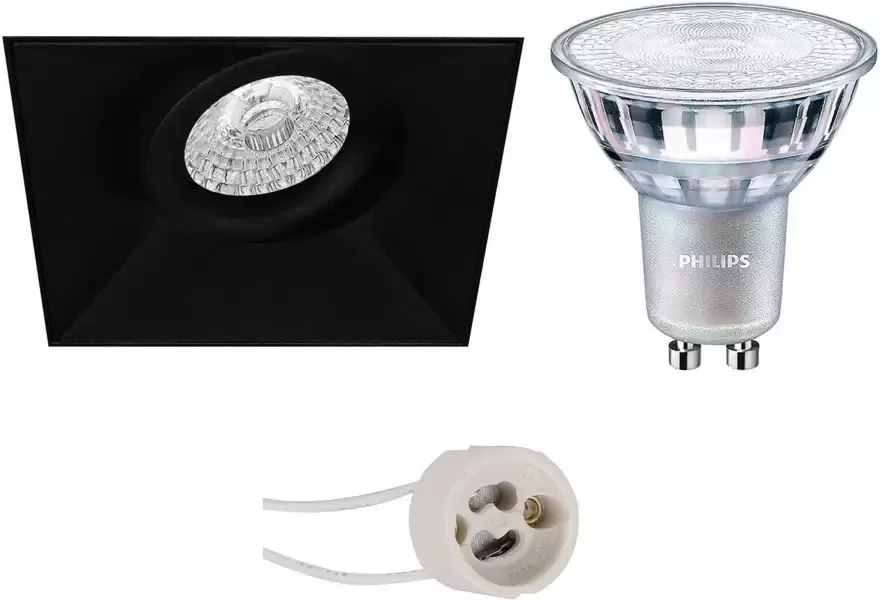 BES LED Spot Set Pragmi Nivas Pro GU10 Fitting Inbouw Vierkant Mat Zwart Trimless Kantelbaar 150mm Philips