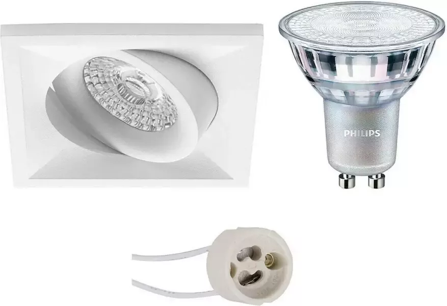 BES LED Spot Set Pragmi Qiundo Pro GU10 Fitting Inbouw Vierkant Mat Wit Kantelbaar 80mm Philips MASTER 927