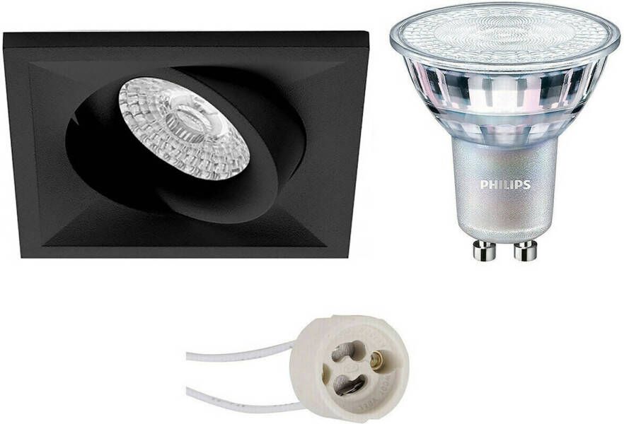 BES LED Spot Set Pragmi Qiundo Pro GU10 Fitting Inbouw Vierkant Mat Zwart Kantelbaar 80mm Philips MASTER 927