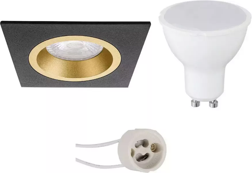 BES LED Spot Set Pragmi Rodos Pro GU10 Fitting Dimbaar Inbouw Vierkant Mat Zwart Goud 6W Helder Koud Wit 6400K