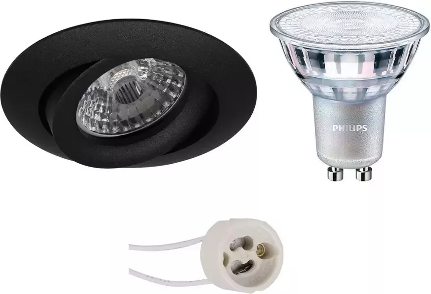 BES LED Spot Set Pragmi Uranio Pro GU10 Fitting Inbouw Rond Mat Zwart Kantelbaar Ø82mm Philips MASTER 927