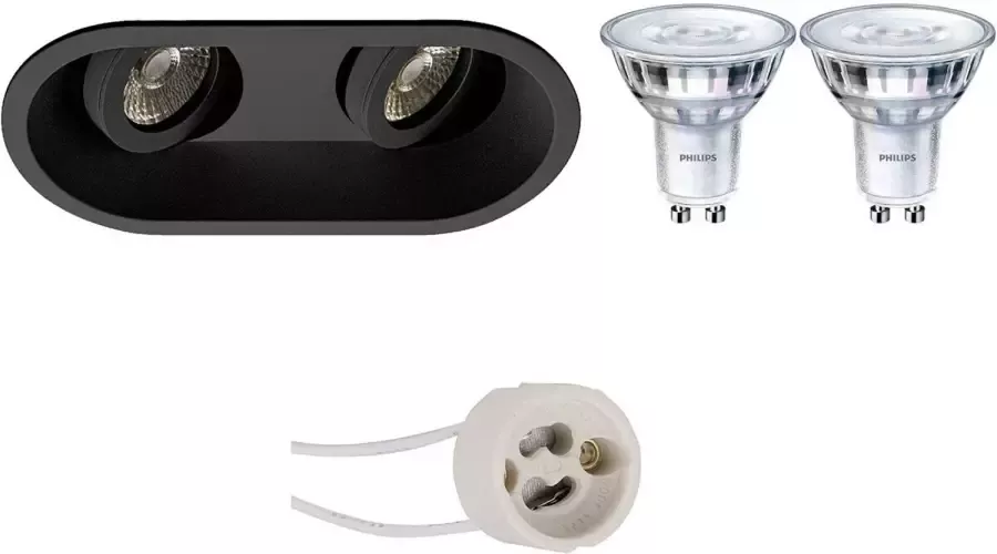 BES LED Spot Set Pragmi Zano Pro GU10 Fitting Inbouw Ovaal Dubbel Mat Zwart Kantelbaar 185x93mm Philips