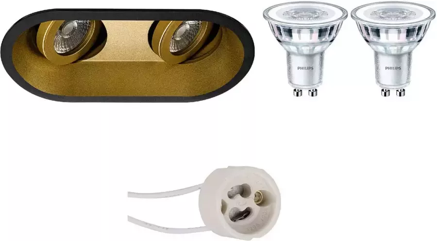 BES LED Spot Set Pragmi Zano Pro GU10 Fitting Inbouw Ovaal Dubbel Mat Zwart Goud Kantelbaar 185x93mm Philips