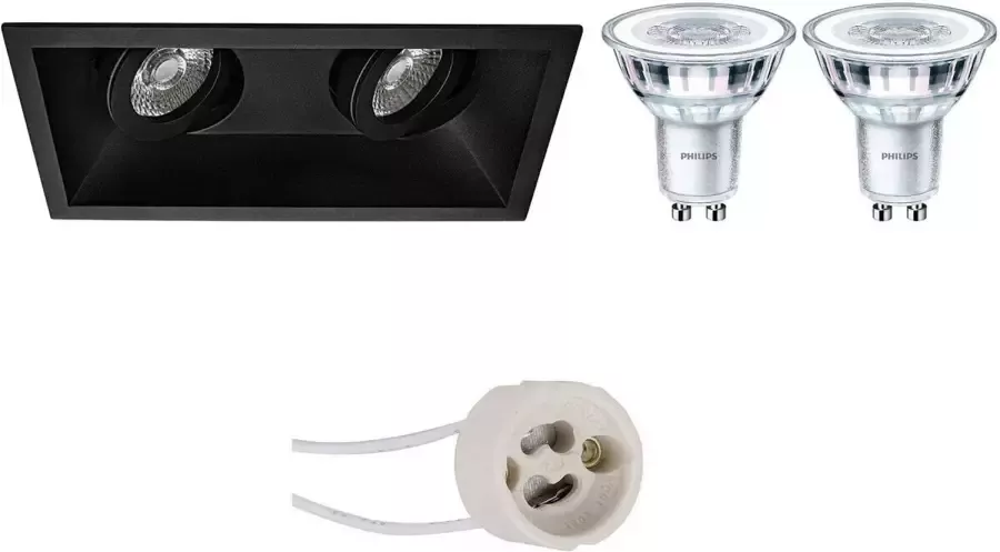 BES LED Spot Set Pragmi Zano Pro GU10 Fitting Inbouw Rechthoek Dubbel Mat Zwart Kantelbaar 185x93mm Philips