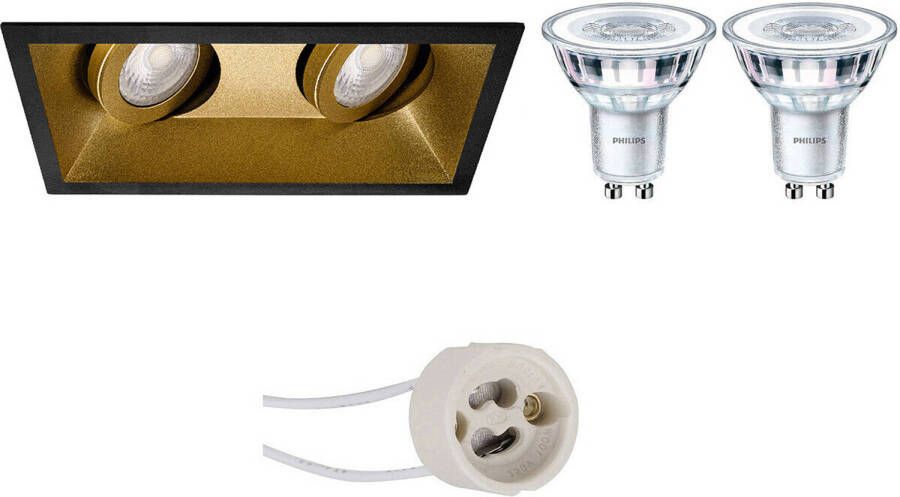 BES LED Spot Set Pragmi Zano Pro GU10 Fitting Inbouw Rechthoek Dubbel Mat Zwart Goud Kantelbaar 185x93mm