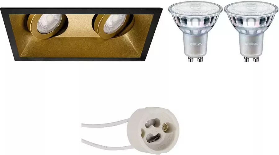 BES LED Spot Set Pragmi Zano Pro GU10 Fitting Inbouw Rechthoek Dubbel Mat Zwart Goud Kantelbaar 185x93mm