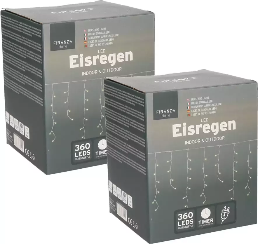 Cepewa Pakket van 2x stuks ijspegelverlichting lichtsnoer 360 lampjes warm wit met timer 1200 cm Lichtsnoeren