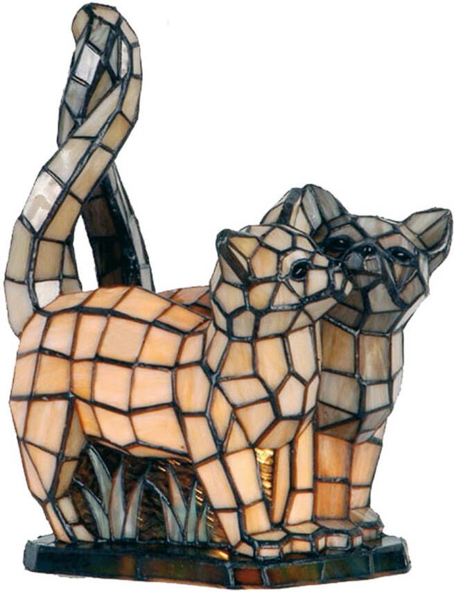 Clayre & Eef LumiLamp Tiffany Tafellamp Katten 27x18x35 cm Beige Grijs Glas Tiffany Lampen Nachtlampje Glas in Lood Beige Tiffany - Foto 1