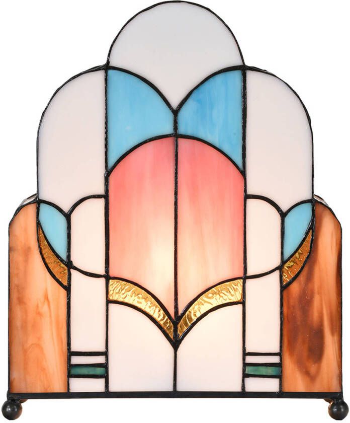 Clayre & Eef LumiLamp Tiffany Tafellamp 30x4x25 cm Wit Roze Glas Tiffany Bureaulamp Tiffany Lampen Glas in Lood Wit Tiffany