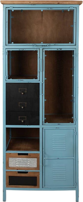 Clayre & Eef Lockerkast 60x33x160 cm Blauw Bruin IJzer Glas Opbergkast Blauw Opbergkast