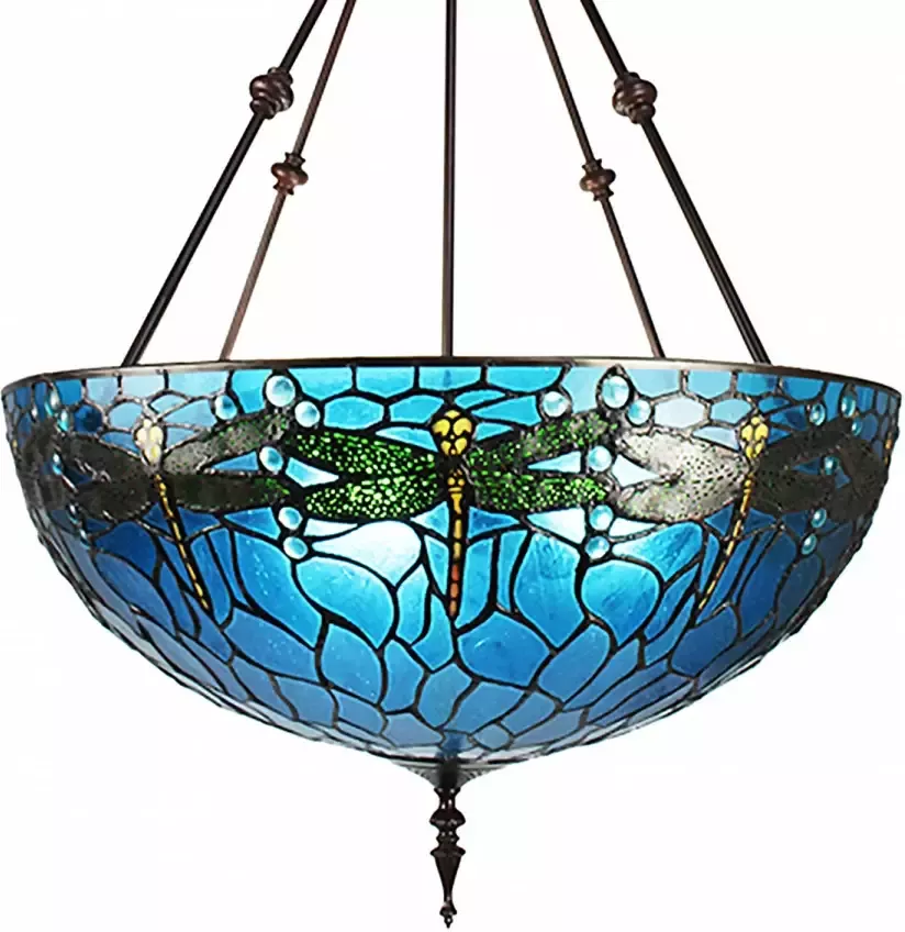 Clayre & Eef LumiLamp Hanglamp Tiffany Ø 61x190 cm Blauw Groen Metaal Glas Libelle Hanglamp Eettafel Hanglampen Eetkamer Glas in - Foto 1