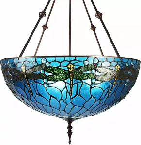 Clayre & Eef LumiLamp Hanglamp Tiffany Ø 61x190 cm Blauw Groen Metaal Glas Libelle Hanglamp Eettafel Hanglampen Eetkamer Glas in