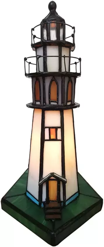 Clayre & Eef LumiLamp Tiffany Tafellamp Vuurtoren 11x11x25 cm Bruin Beige Glas Tiffany Bureaulamp Tiffany Lampen Glas in Lood Bruin - Foto 1