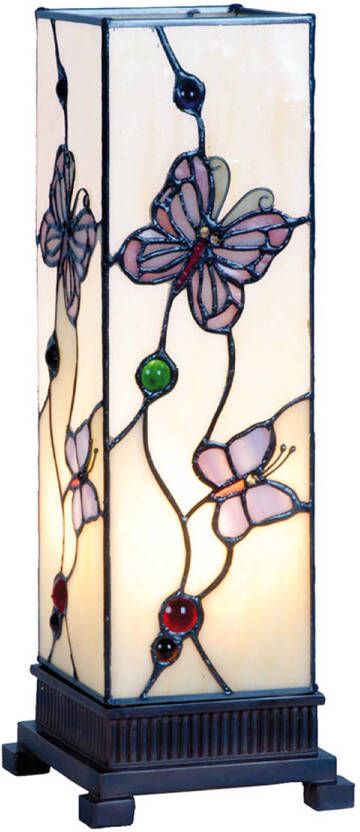 Clayre & Eef LumiLamp Tiffany Tafellamp 12x12x35 cm Wit Roze Glas Rechthoek Vlinder Tiffany Bureaulamp Wit Tiffany Bureaulamp
